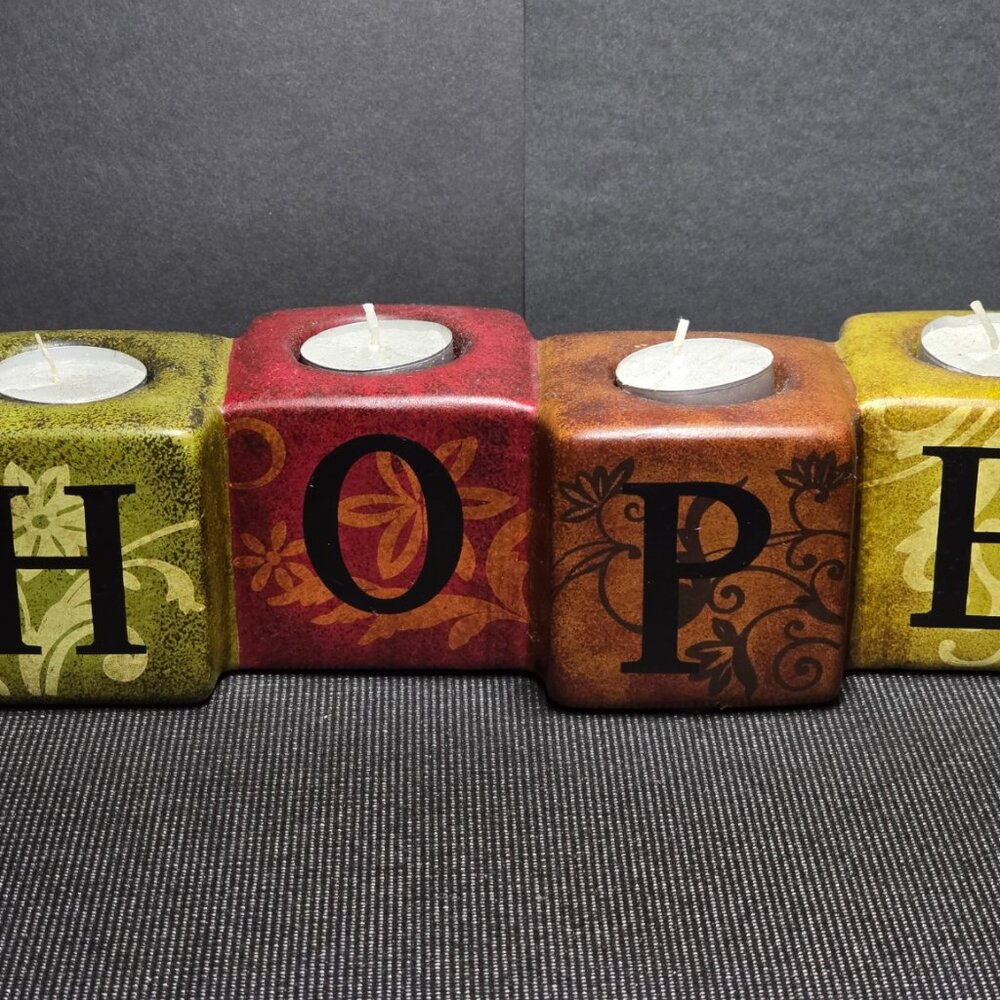 "HOPE" Replica Wood Blocks Metalic 4-Tealight Candle Holder - Home Decoration